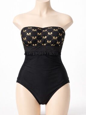 Karl Lagerfeld medium black gold ruffled high cut one piece strapless swimsuit